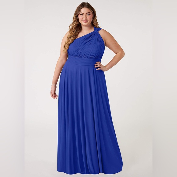 Azazie Charlize A-Line One Shoulder Mesh Floor-Length Dress Royal Blue - Picture 1 of 8